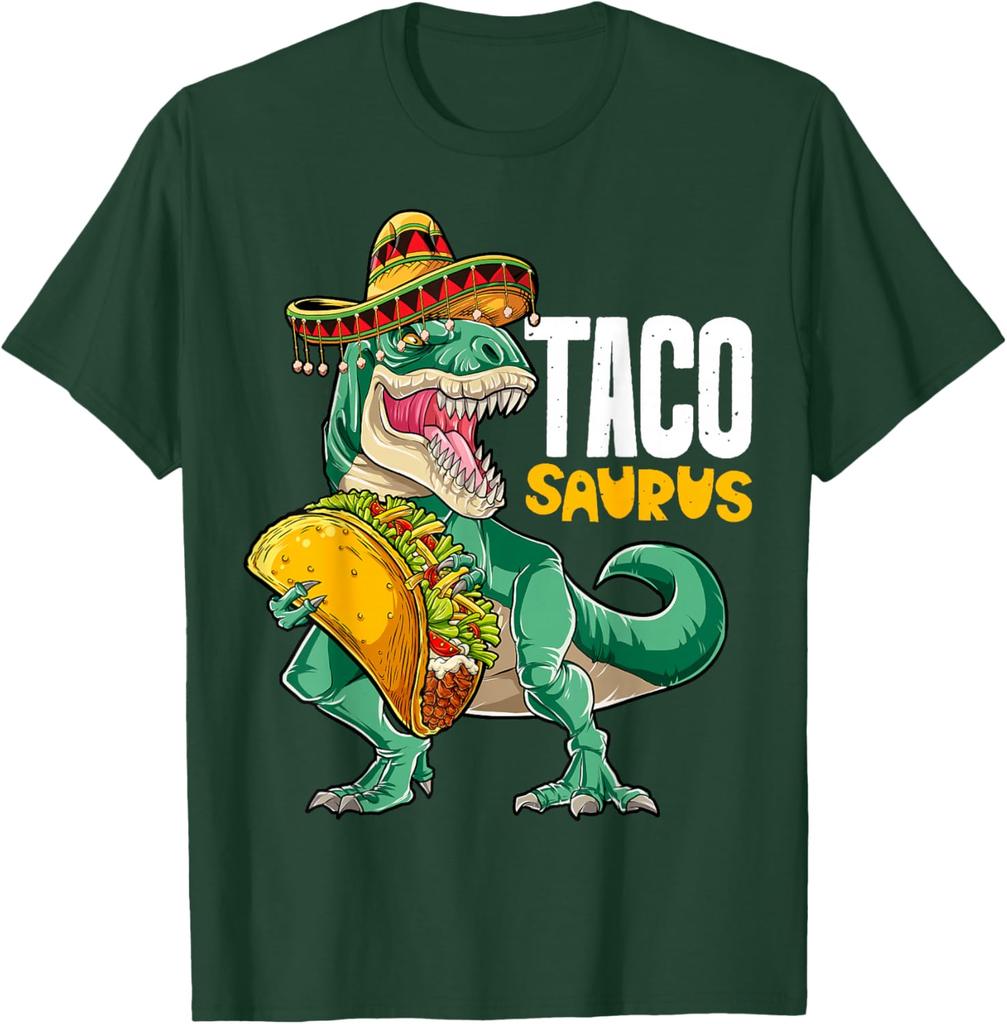 Tacosaurus Dinosaur mit Taco Sombrero Grafik T-Shirt Baumwolle Lässig Kurzarm T-Shirt für Herren