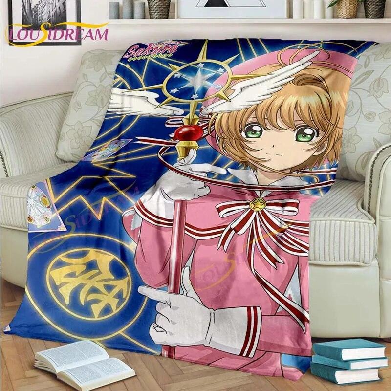 Anime Card Captor Sakura Blanket Cartoon Blanket Sakura-Star Crest Flannel Blanket Pink Blanket for Sofa Bed Girl Room Decor