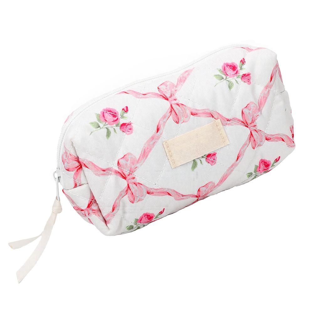 Quilted Travel Makeup Bag Floral Aesthetic Toiletry Pouch Cute Bow Cotton Cosmetic Bag for Women Girls