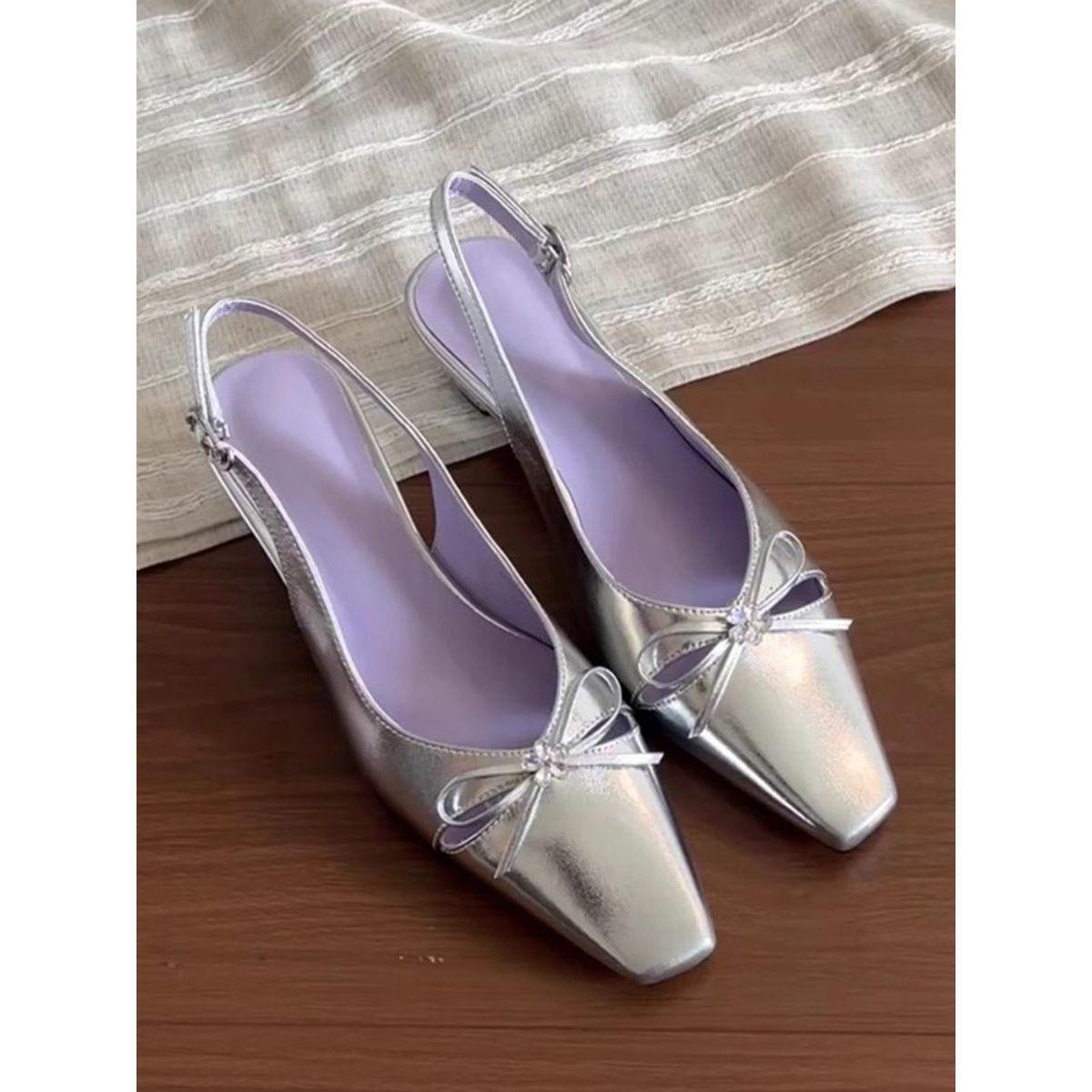 

French rhinestone bow hollow gentle wind bag head sandals back strap temperament thick heel sandals women s 2025 new 40 серебряный