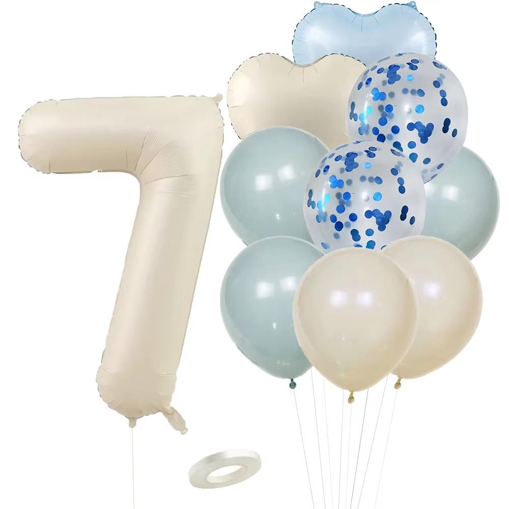 12pcs Vintage Beige Blue Balloon Set 32inch Foil Number Balloon For Kids Happy Birthday Party Decorations DIY Gifts Supplies