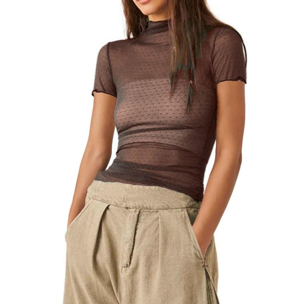 Women's Solid Color  Mesh Short Sleeved Half High Neck Base Small Shirt Top Small Shirt Top