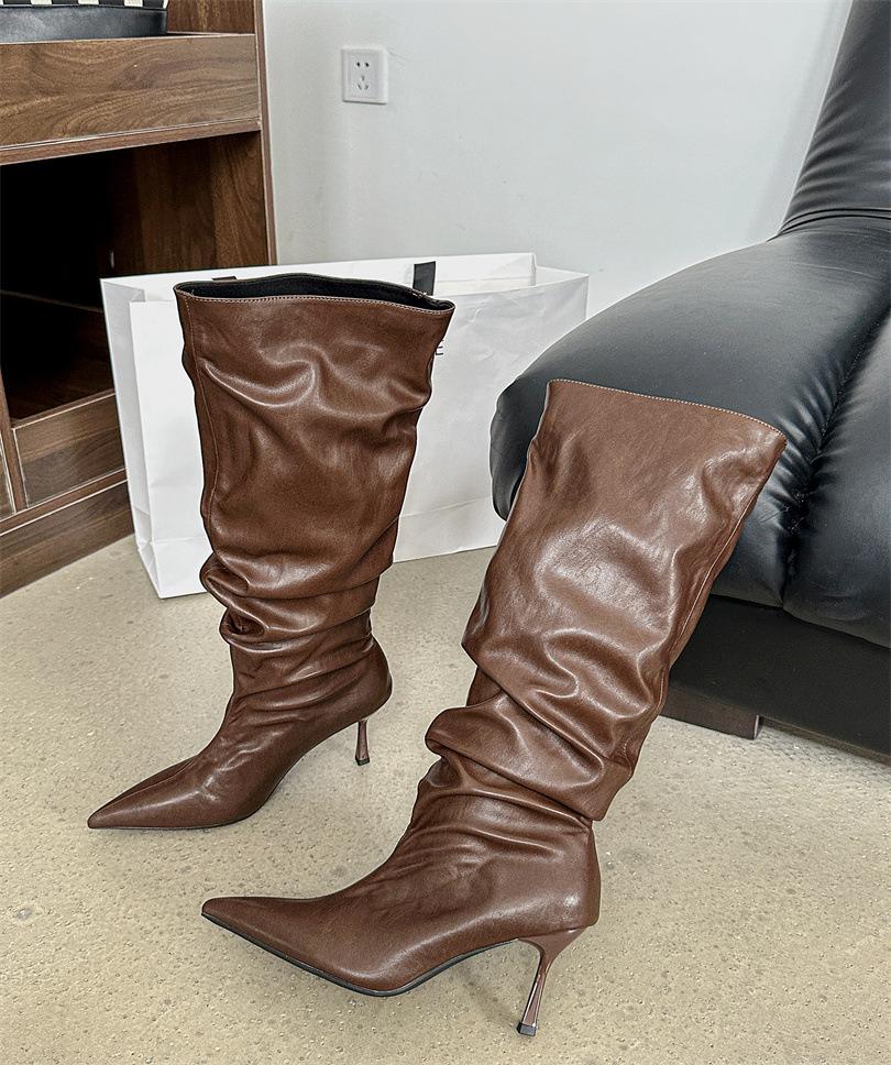 2025 podzim nové evropské a americké špičaté tenký podpatek vysoký podpatek temperament francouzské sexy krásné dámské boty plisované shrnovací boty