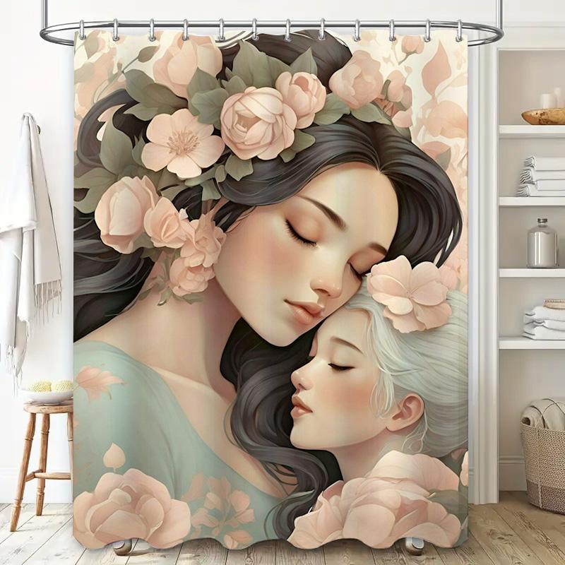 Elegant Mother And Daughter Floral Shower Curtain - Waterproof, Mildew-Resistant, Machine Washable For Cozy Bathroom Decor