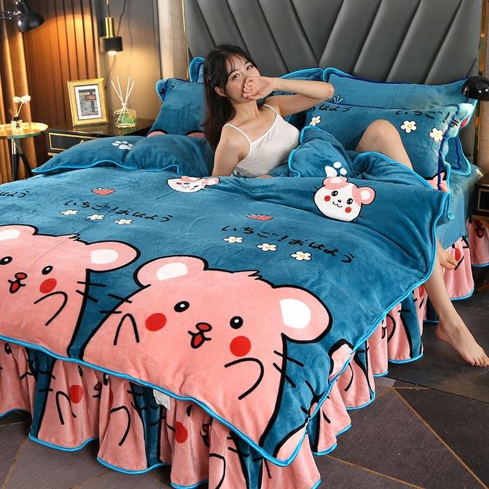 Maternal And Infant Grade Thickened Milk Fleece Four-Piece Set, Double-Sided Coral Fleece Fleece Quilt Cover, Flannel Bed Sheet