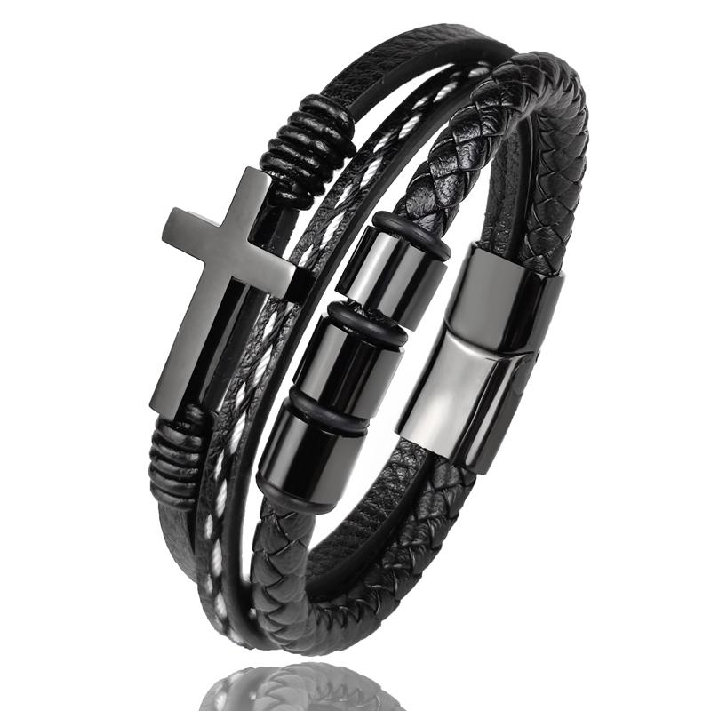 

MingAo New Custom Engraved Family Name Beads Cross Bracelets Black Braided Leather Stainless Steel Bracelets for Men Fathers 18.5cm