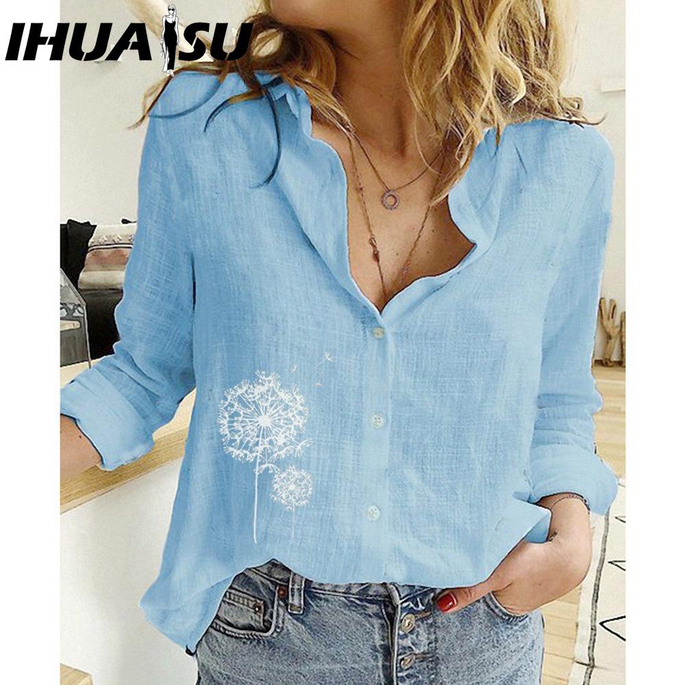 

IHUASU Women s Fashion Casual Dandelion Print Long Sleeve POLO Neck Blouses & Shirts XXXXXL синий