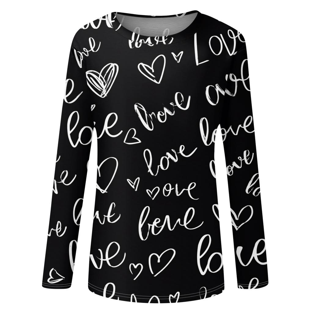 Women's Heart,shaped Printed Round,neck Loose Long,sleeved Top