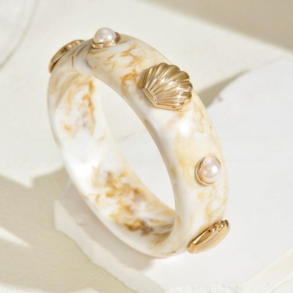 Pearl Shell Resin Cuff Bracelet Round Chunky Bangle Vintage Wide Cuff Bracelet  Gifts
