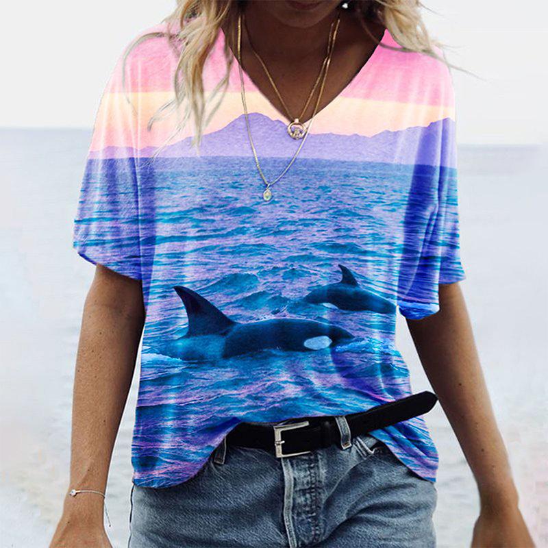 Summer Sea Turtle 3D Print T Shirt Women V-Neck Short Sleeve T-shirts Y2k Tops Harajuku Streetwear Oversized Tee Woman Clothing