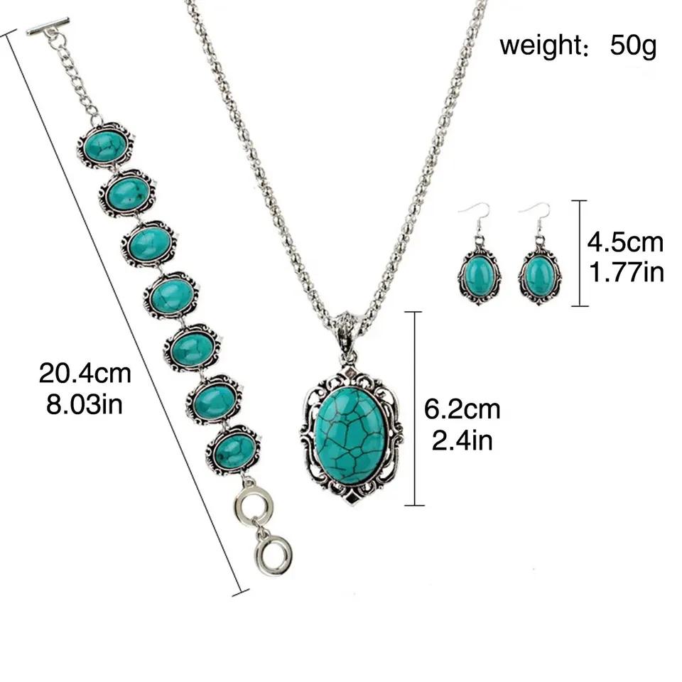 3 Pieces Women's Vintage Turquoise Bracelet Necklace Earrings Set, Healing Stone Decoration Gift (No Box)