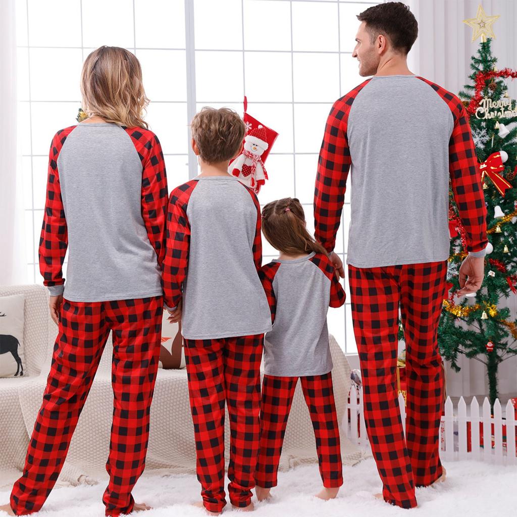 Children Kids Christmas Deer Plaid Prints Family Matching Long Sleeve Tops+Pants Set