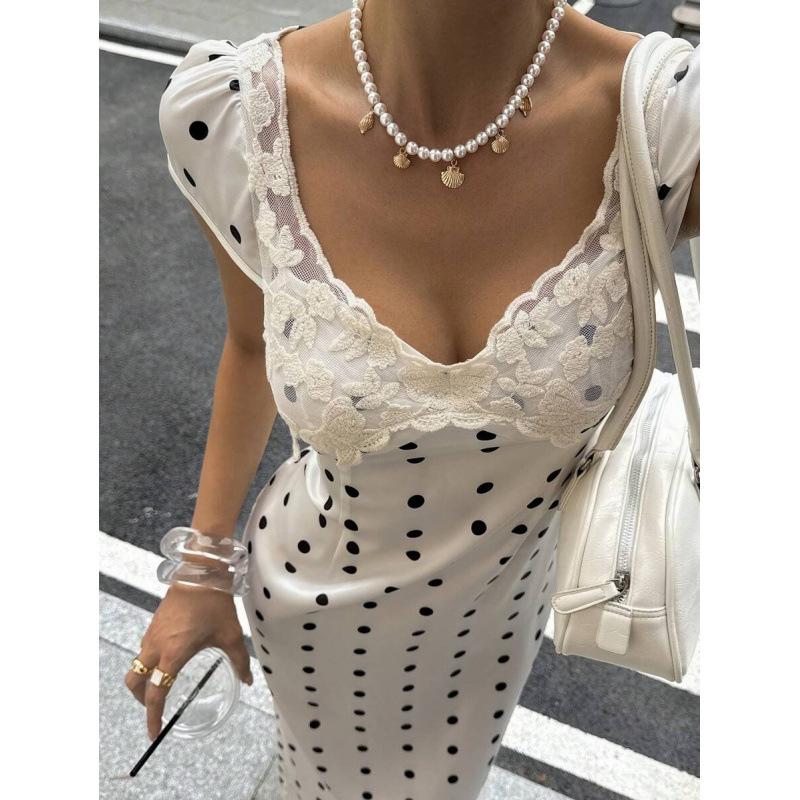 European summer new polka dot lace splicing waist square round neck short sleeve long dress women S