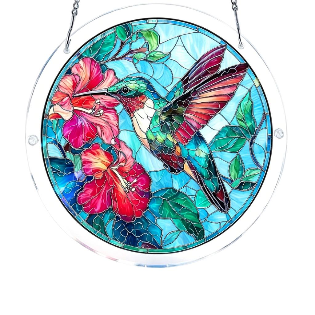 Acrylic Puzzle Hanging Ornament 83 2D Round Suncatcher with Hummingbird and Floral Pattern for Home Window Decor Display