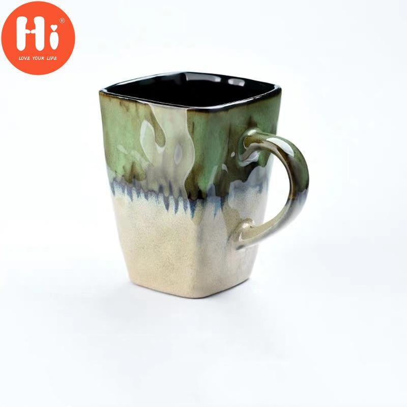 Creative Flow Glaze Square Coffee Mug With Spoon and Lid Retro Tea Cup Simple Household Matte Color Ceramic Milk Water Cup Gift