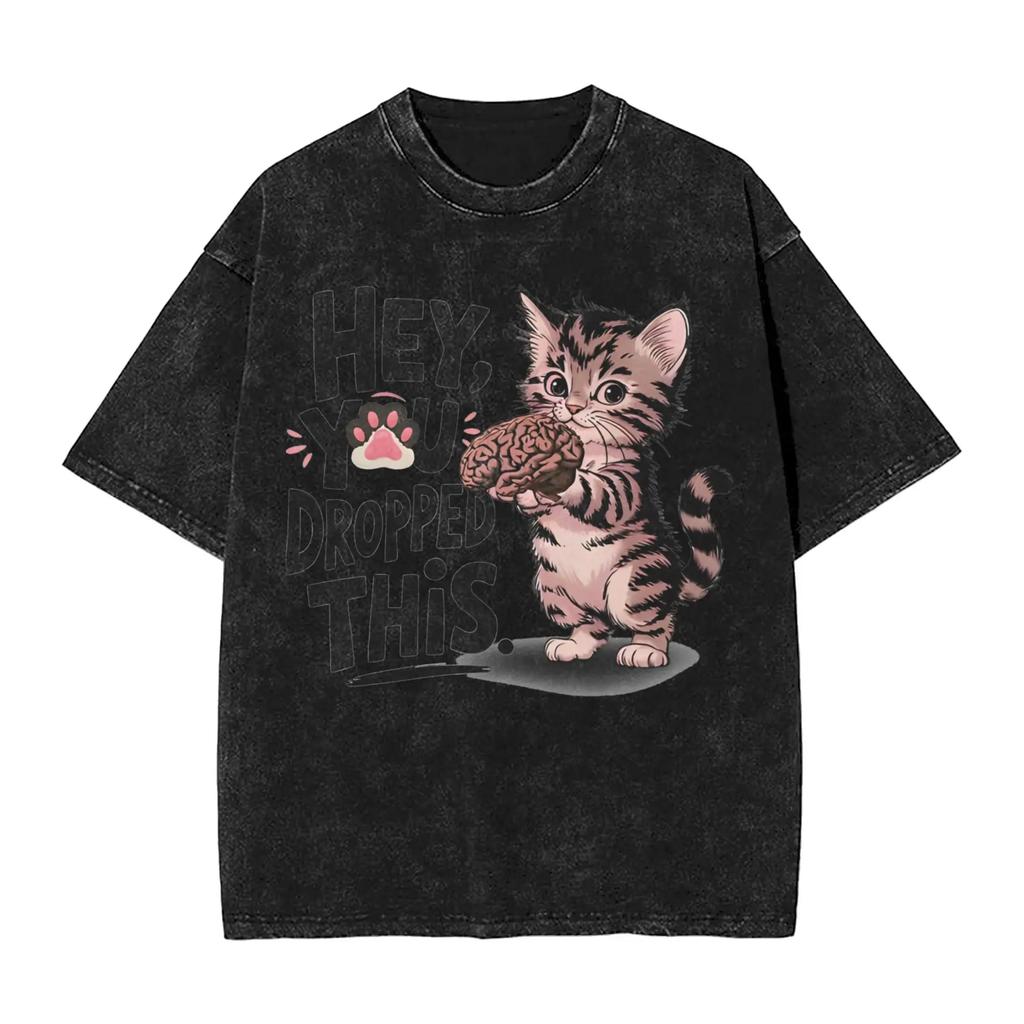 Beach Tee Shirt Y2K Casual Clothing Birthday Gift Men T Shirt Cat Hey You Dropped This Cheeky Kitten Washed T-Shirts Harajuku