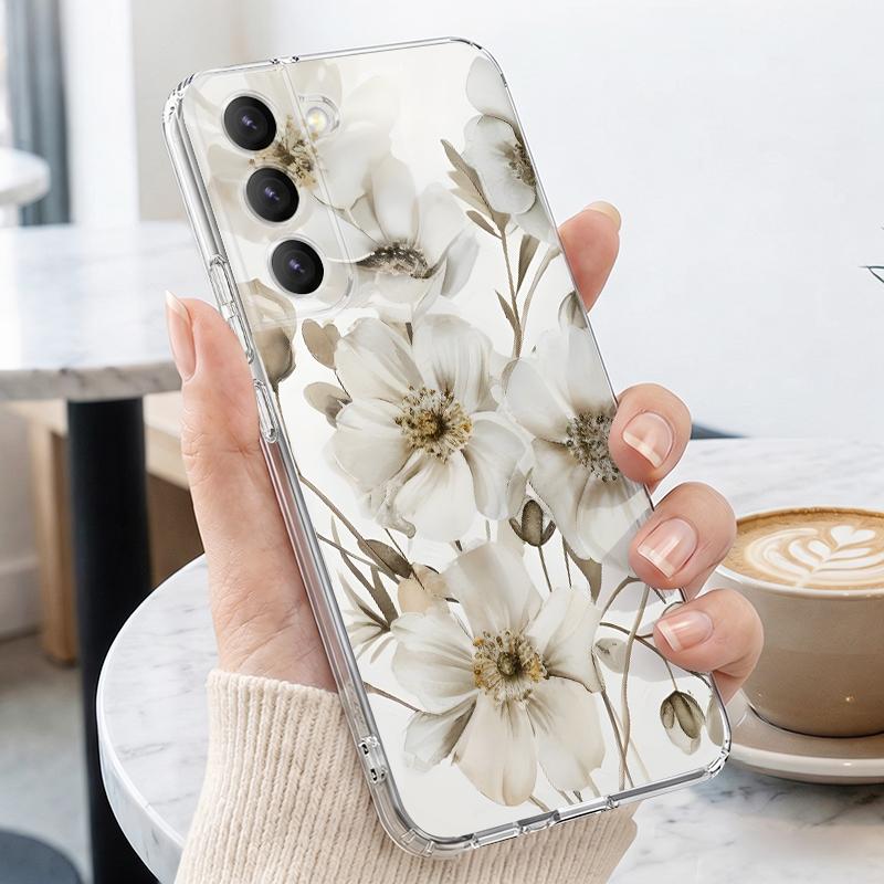 White Flowers Print Case For Samsung A57 S26 Ultra A37 A17 A56 A36 A26 A16 A55 A35 A25 A15 A54 5G S21 FE S22 S23 S24 S25 Plus Clear TPU Soft Cover