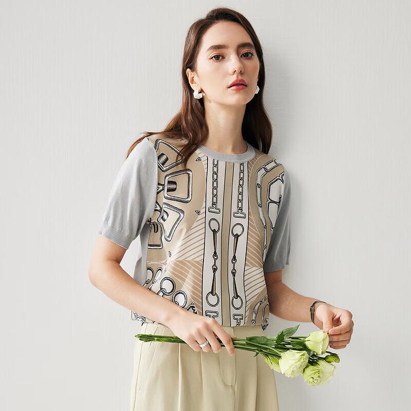 Zhaojun Women's Silk Blend Retro Print Short Sleeve T-shirt