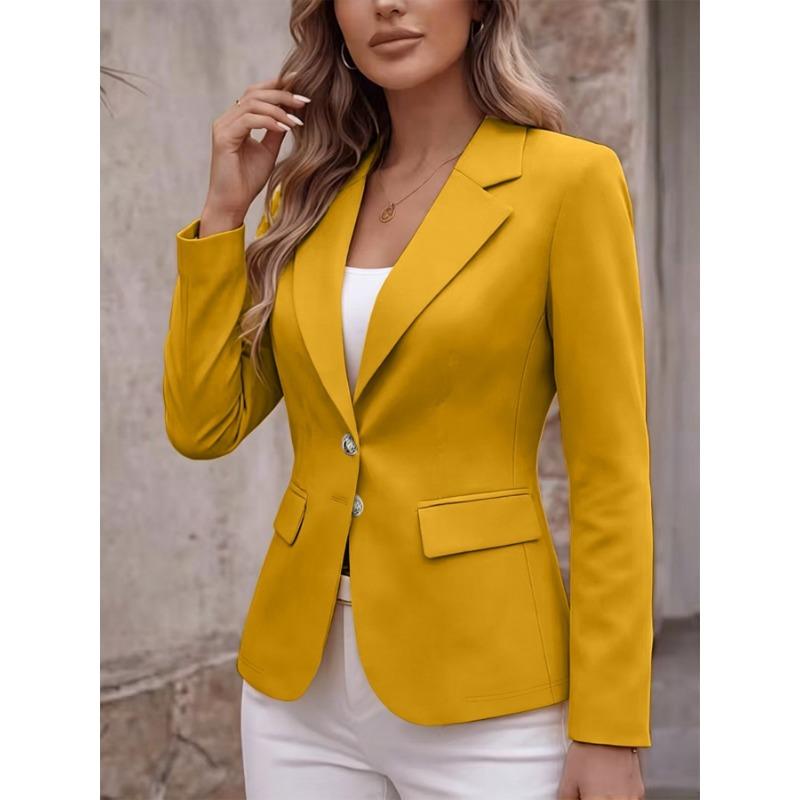 Women S Long Sleeve Blazer Jacket With Turn Down Collar Two Buttons Flap Pockets