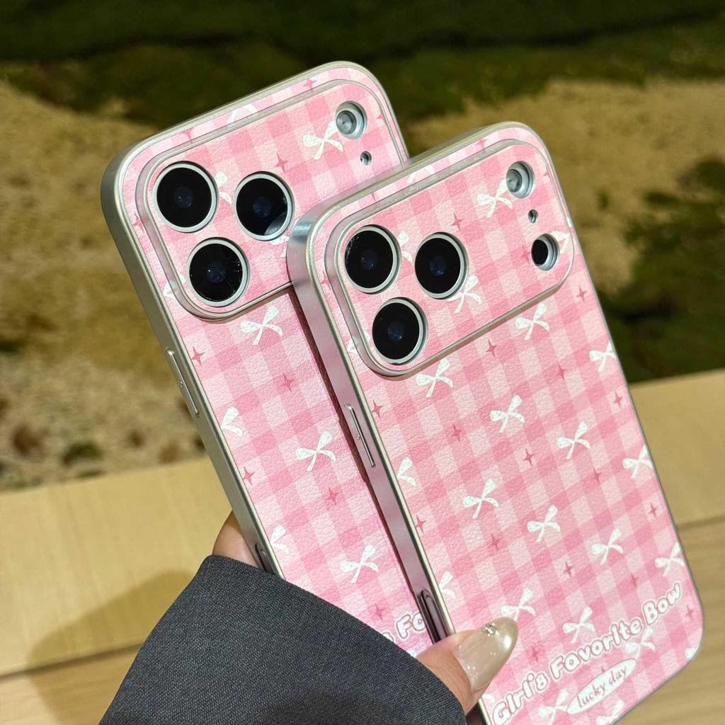 Pink Plaid Bow Magnetic Stand iPhone Case for Models 14, 15 Pro Max, 16, and Apple 17