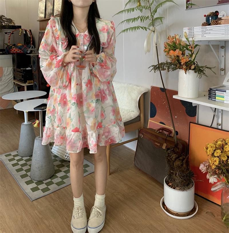 French Doll Collar Floral Dress Autumn New Niche Chic Design Skirt Loose Short Skirt Women