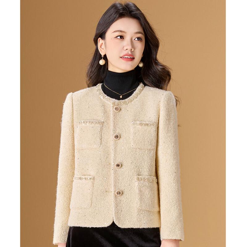Women's French Style Beaded Tweed Wool Blend Jacket