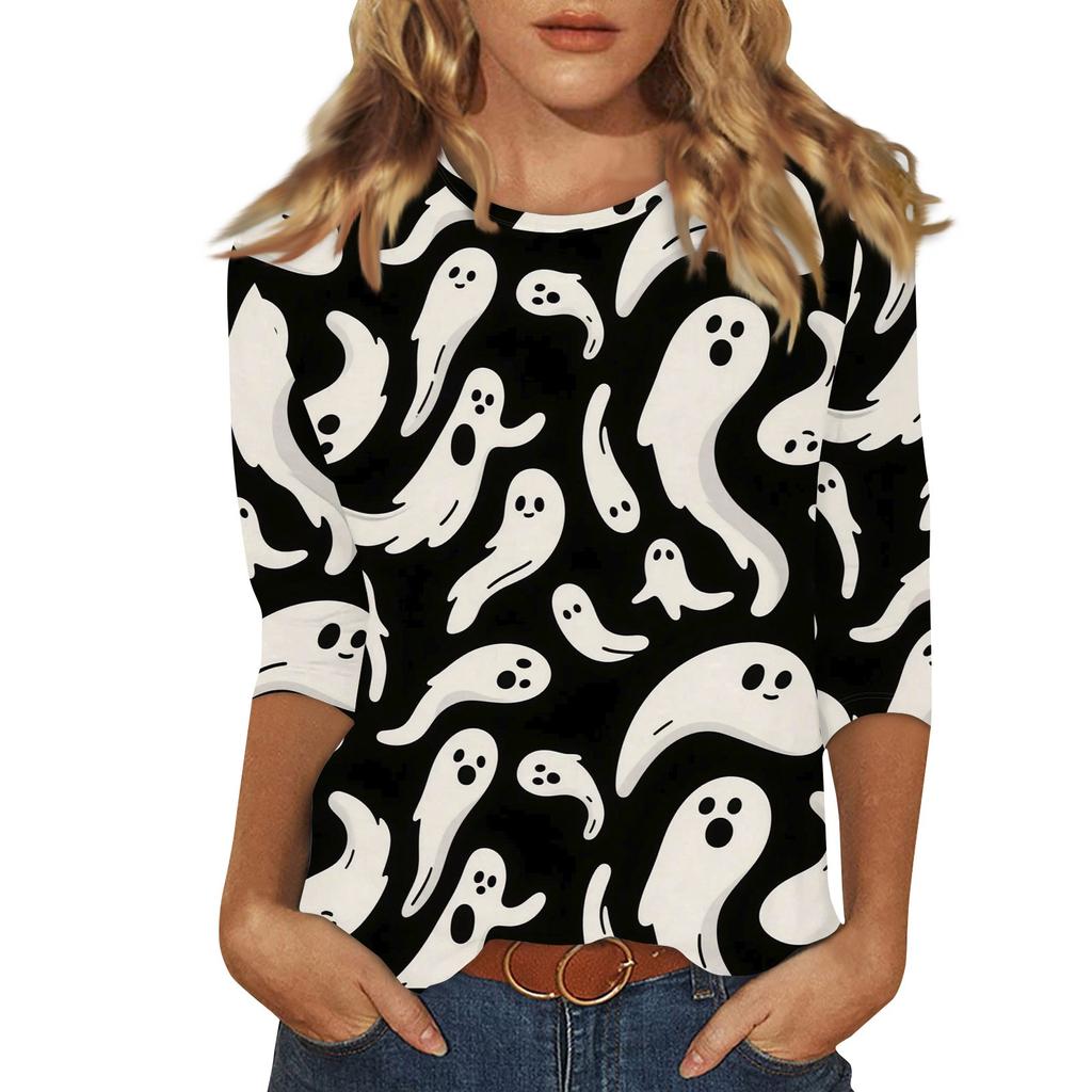 Women's Fashion Casual Three-quarter Sleeve Halloween Printed Round Neck Top