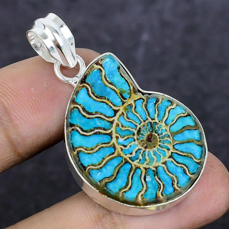 Ammonite Fossil Gemstone Handmade 925 Sterling Silver Jewelry Pendant 1.62" L6n17