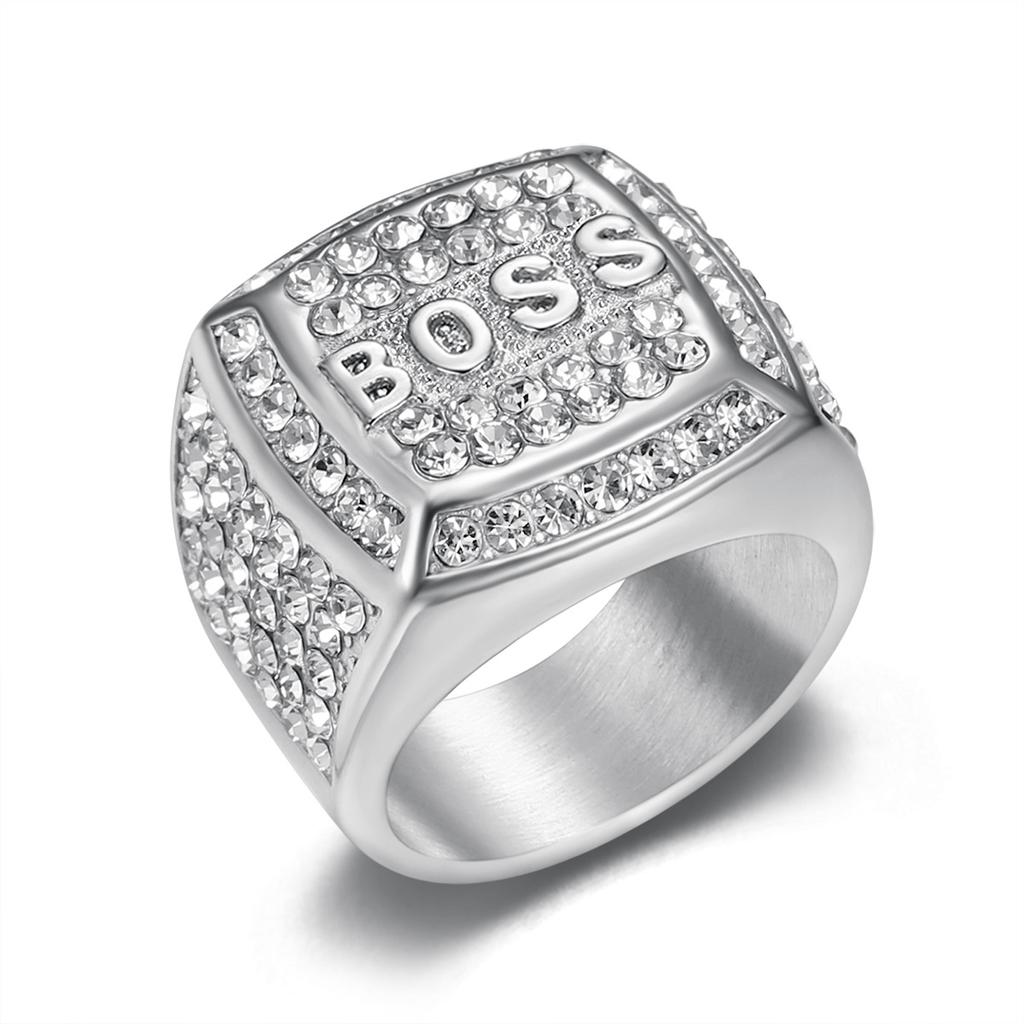 Ring ny hiphop-ring diamant firkantet BOSS-bokstav herrering