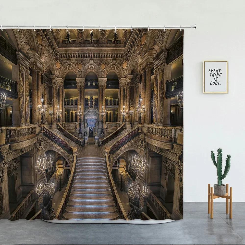 Retro Style Library Bookshelf Bookstore Print Shower Curtain Set Wall Hanging Background Tapestry Bathroom Decor Bathtub Screen