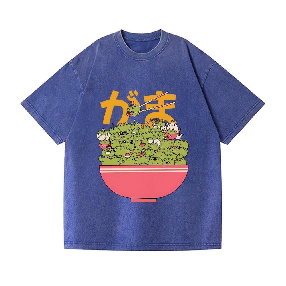 Fashion Unisex Cotton Washed T-shirt Vintage Frog Bowl Japanese Design Tees Casual Loose Short Sleeve Harajuku Sports Tops