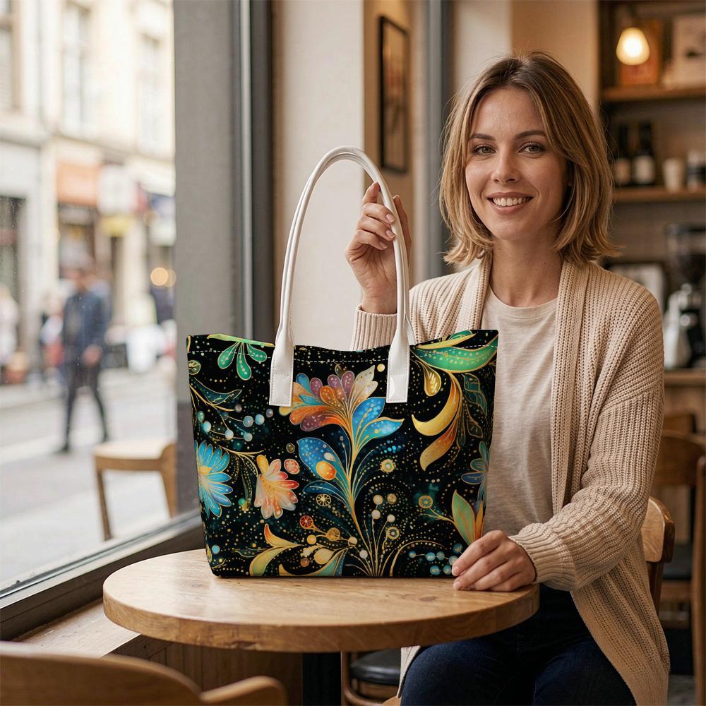 Vibrant Floral Pattern Tote Bag Casual Portable Shoulder Bag for Daily Use