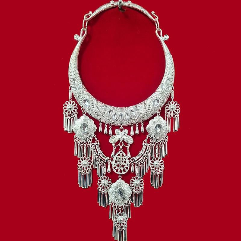 Miao Silver-Plated Gem Rhinestone Tassel Necklace for Hanfu Dance