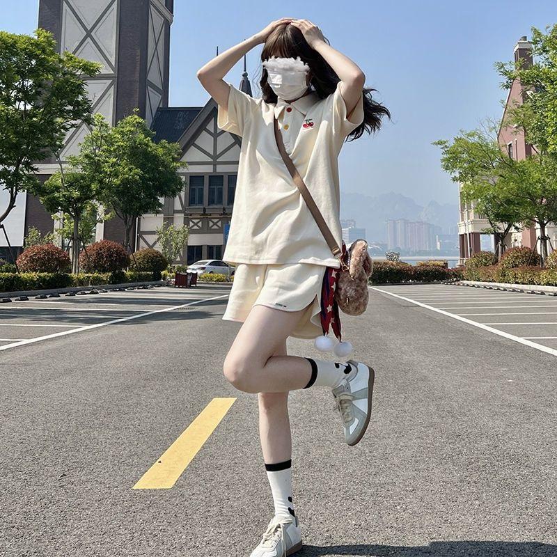 Women 2 Piece Outfits Cherry Embroidery Polo Shirt + Shorts Set Casual Tracksuit