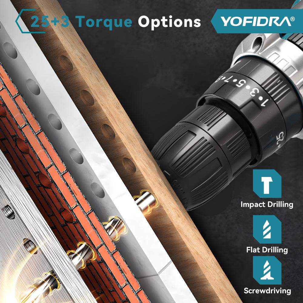 Yofidra 60N.M L 25+3 Torque Electric Impact Dril Cordless Electric Screwdriver With 32/53PCS Tool Kit Power Tool For 21V Battery