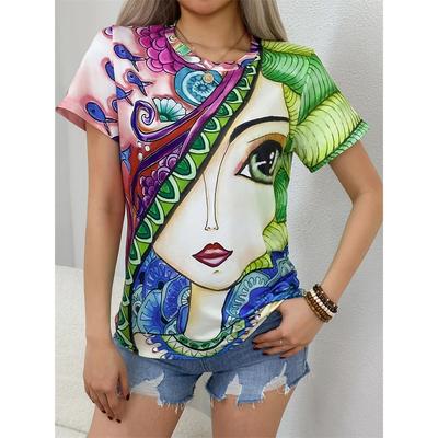 Neues Damen T-Shirt Sommer Kurzarm Abstraktes Gesicht Aufdruck Rundhals Locker Kurzarm Oversized Y2K Streetwear