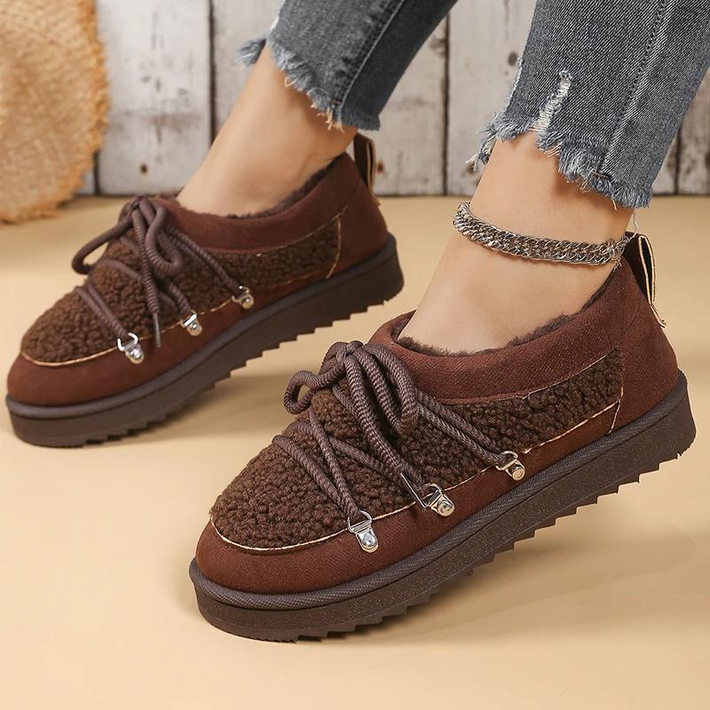 Winter Warm Cotton Lace Up Ankle Boots Women Thicken Plush Cotton Padded Snow Boots Thick Sole Non Slip Platform Casual Shoes