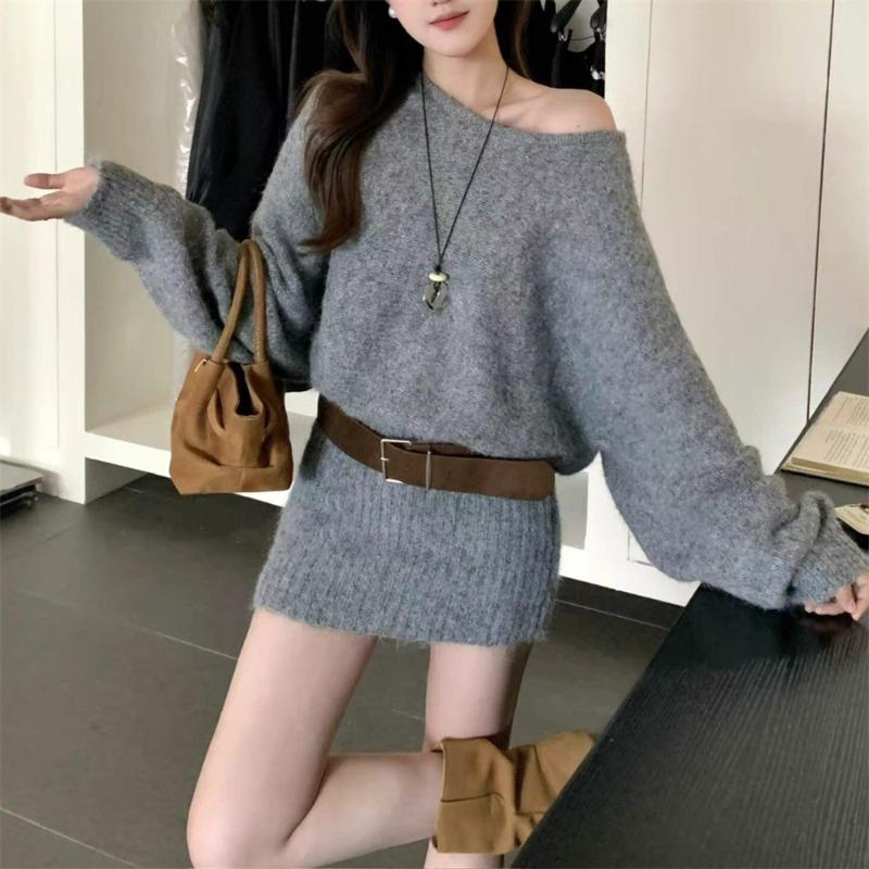 

Женское трикотажное платье с поясом на косую линию плеча, с длинным рукавом, новая модная модель осени и зимы, с чистым желанием, в ветреном стиле, с талией, свитер, юбка по бедрам, женское one size fits all серый