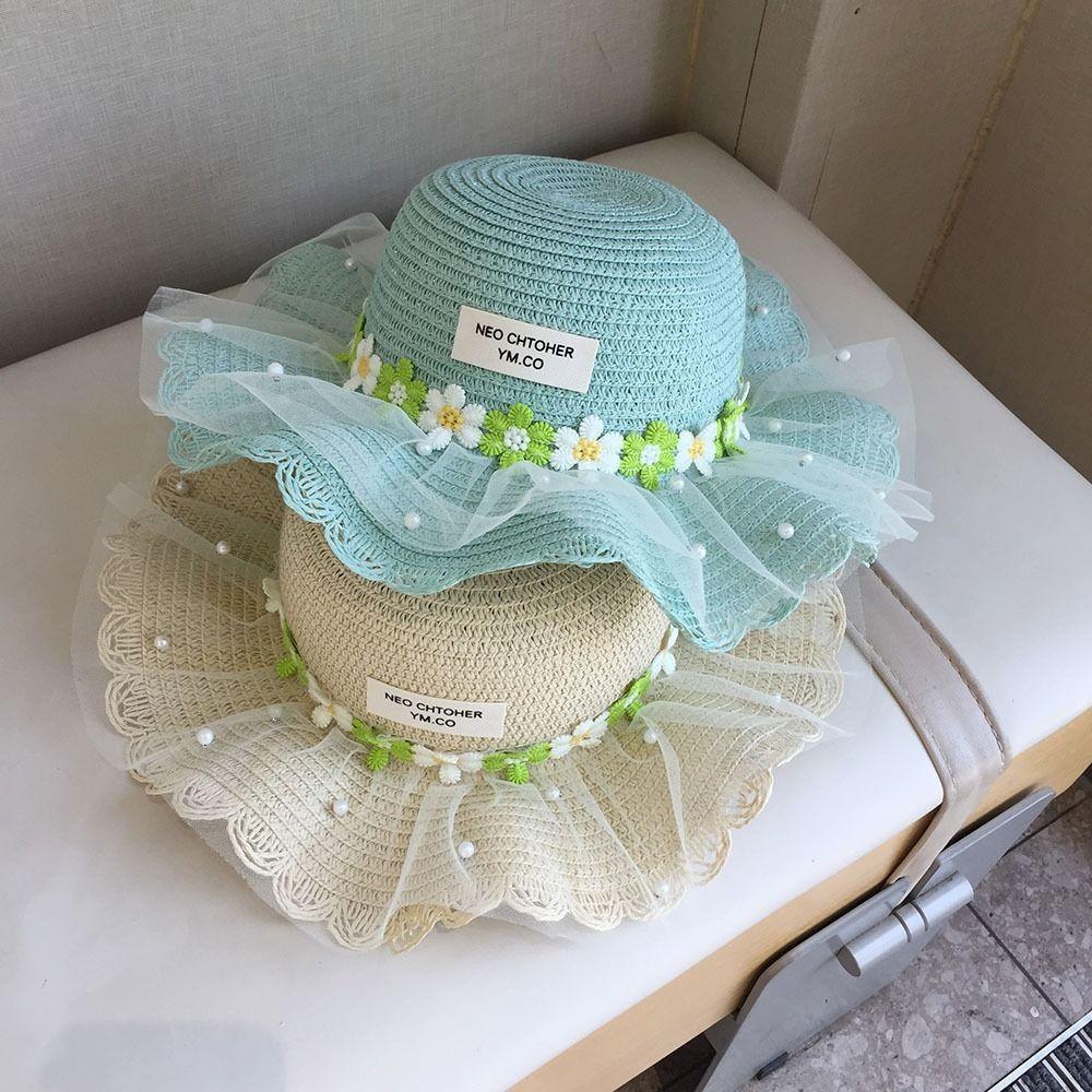 Wide Brim Children Sun Hat Pearl Decoration Breathable Material Sun Hat Straw Material Lace Trim Shoulder Bag Girls Accessories