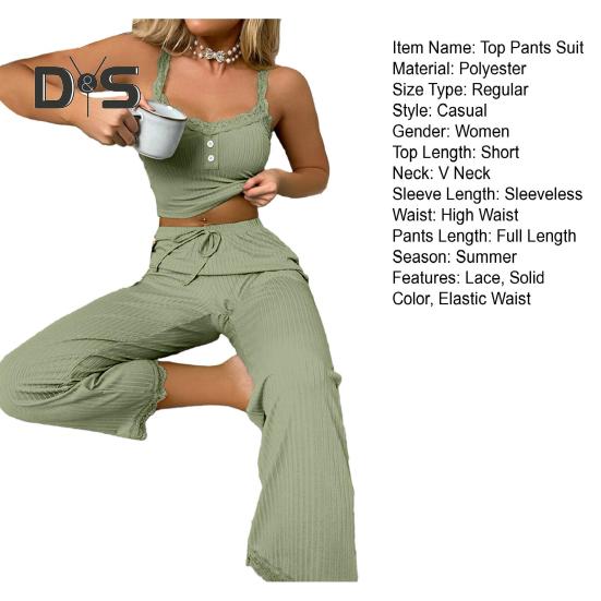 2 Pcs/Set Pants Top Suit Low-cut V Neck Sleeveless Solid Color Shirring Drawstring High Elastic Waist Lace Women Summer Pajamas Set Homewear Tank Top