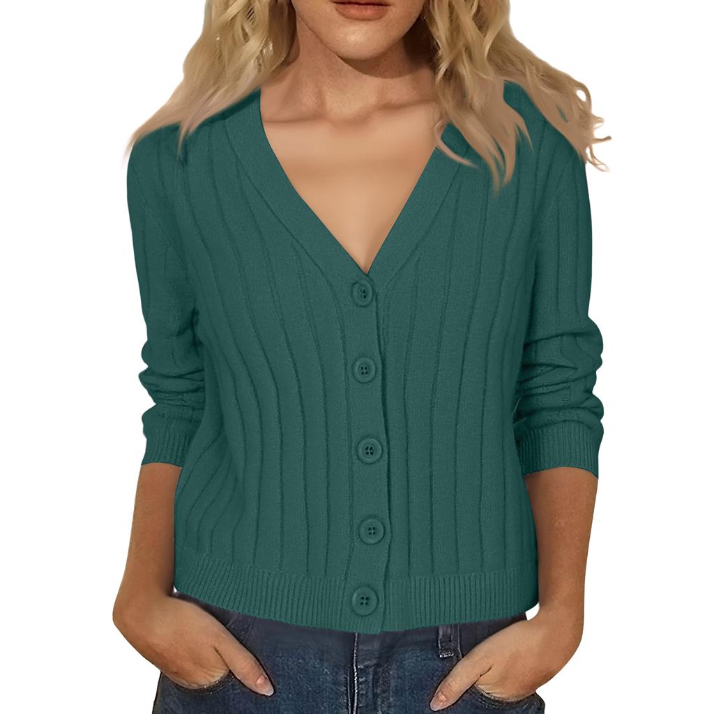 Women's Fashion Long-Sleeve V-Neck Lightweight Knit Sweater Solid Color Outerwear Top