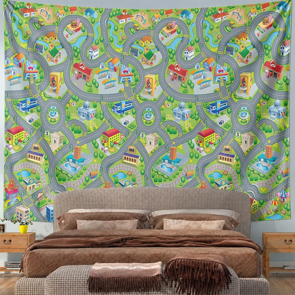 Colorful cartoon city map roads buildings Patterned tapestry for bedroom and living room home decor sofas
