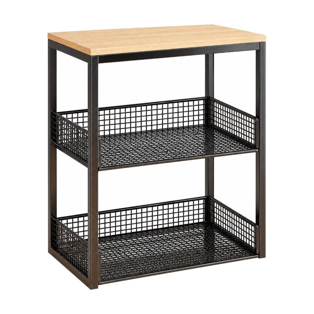 Open WireMesh Storage Rack with Raised Sides Versatile Metal Frame WoodWoodenLook
