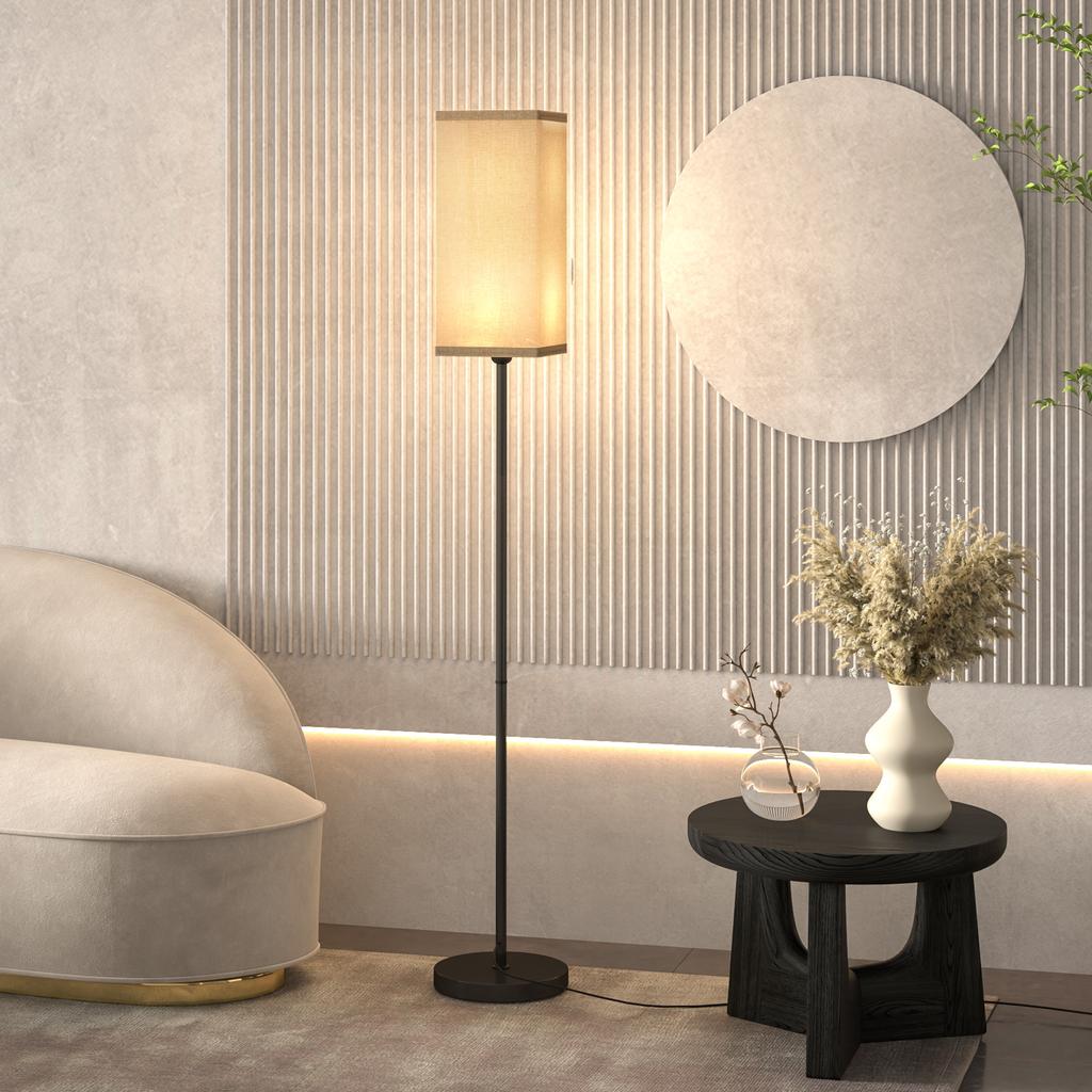 Modern Floor Lamp with Faux Linen Shade and Foot Switch, for Living Room and Bedroom, Metal, Black