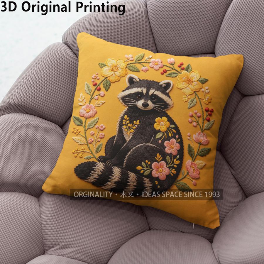 Floral Raccoon Embroidery Style Throw Pillow Covers Pattern Cushion Cover Suitable For Sofa Bedroom Car Pillow Cover