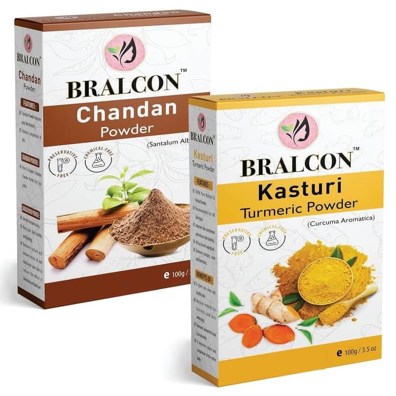 BRALCON Kasturi Haldi Chandan Powder Combo for Face Pack | Sandalwood Powder | Amba Haldi Powder | Skin Mask | Pack of 2 | 200gm