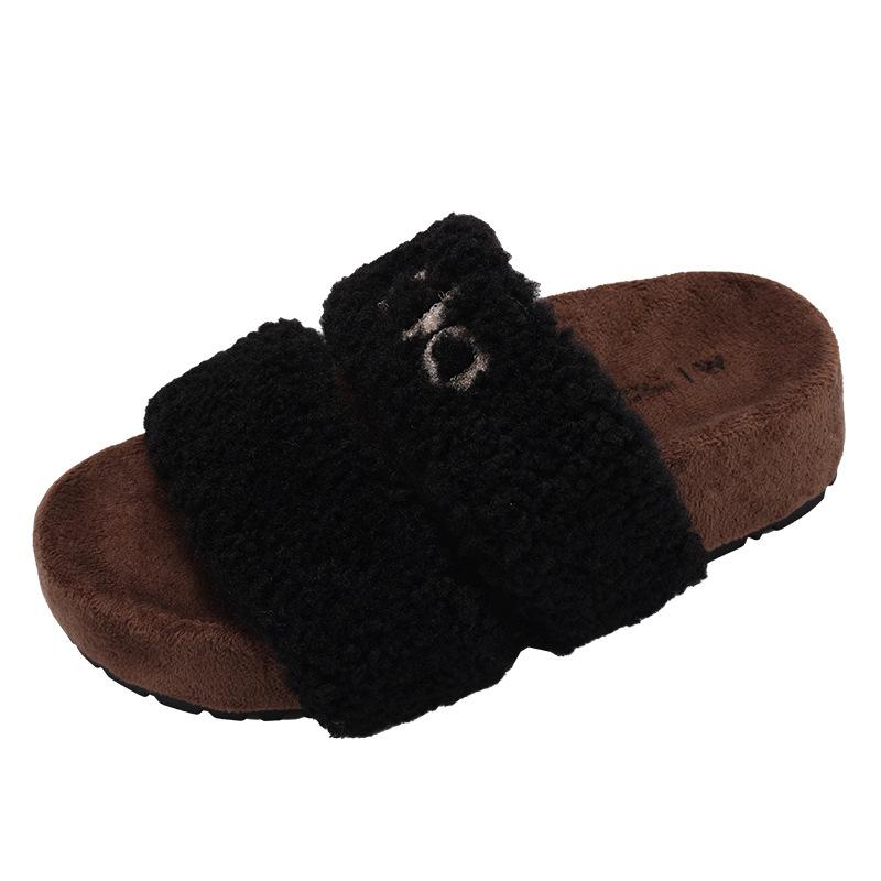 Retro black French thick-soled one-word fluffy slippers for women's outer wear 2025 new autumn heightening soft-soled cotton slippers