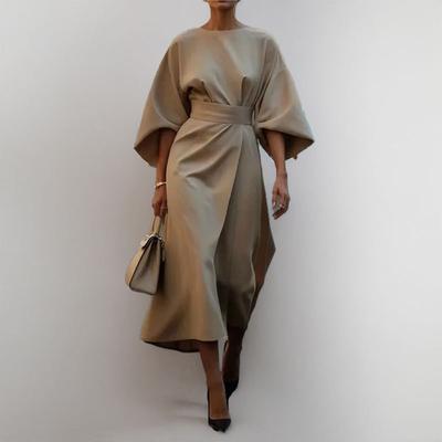 Vår Ny Damkläder Retro Enfärgad Temperament Elegant Lös Klänning Lång