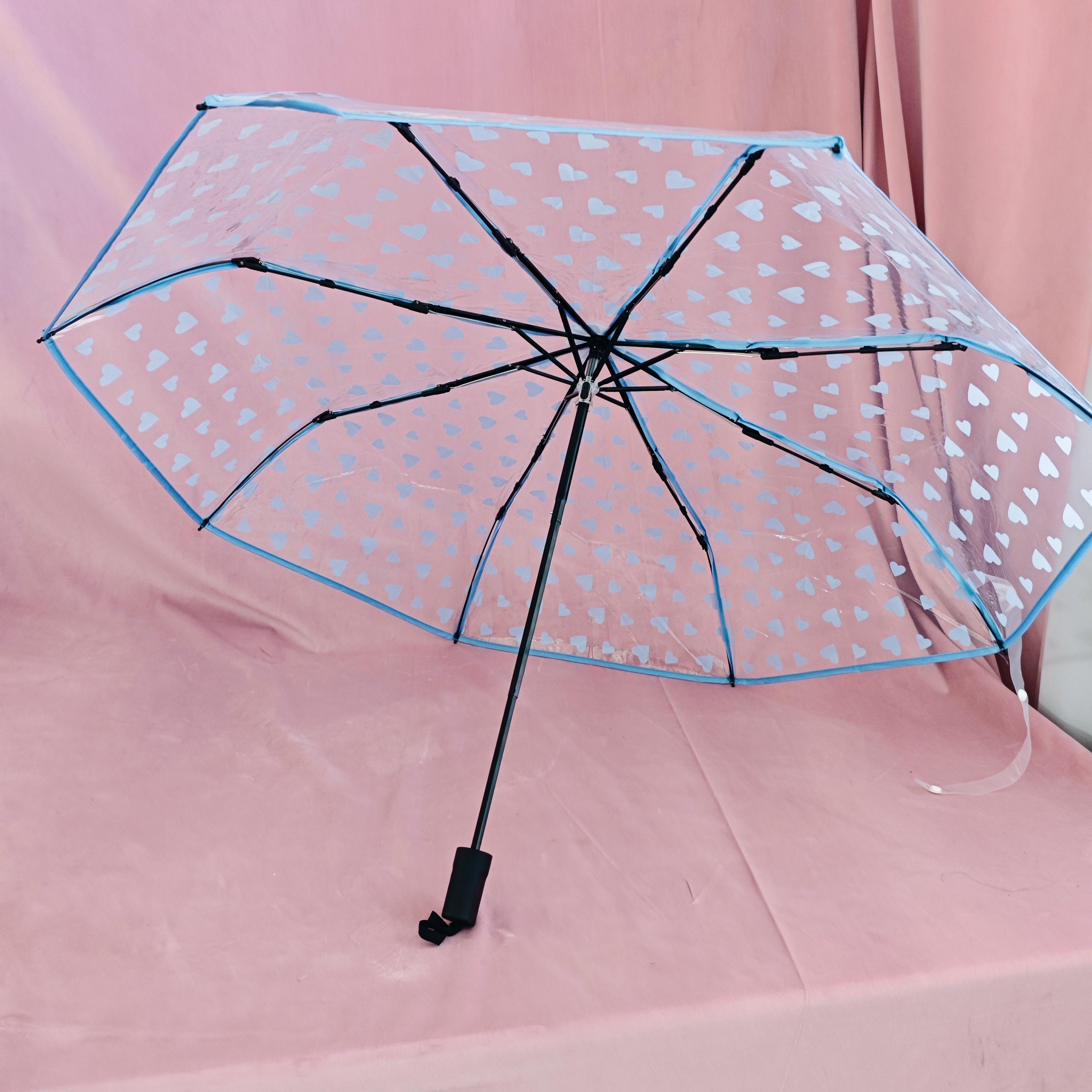 

1 шт. Зонт с прозрачным куполом из ПВХ материала с рисунком сердца, открывающийся вручную, водонепроницаемый и ветрозащитный, портативный зонт