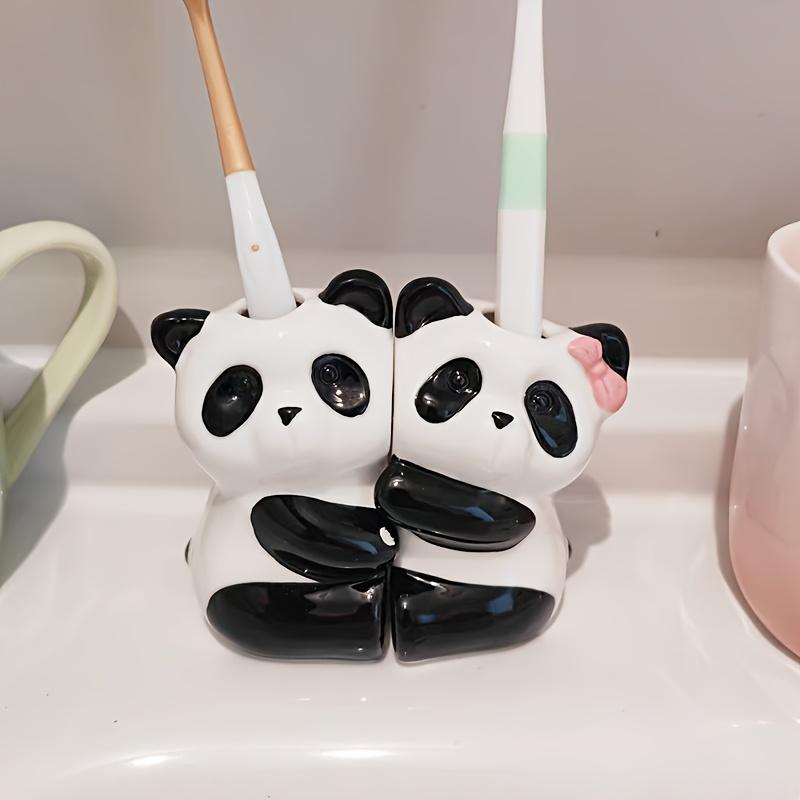 2 Cute Panda Toilet Toothbrush Holder, High Temperature Fired Ceramic Ultra Smooth ,No Drill Manual Toothbrush Stand Storage Rack for Couples